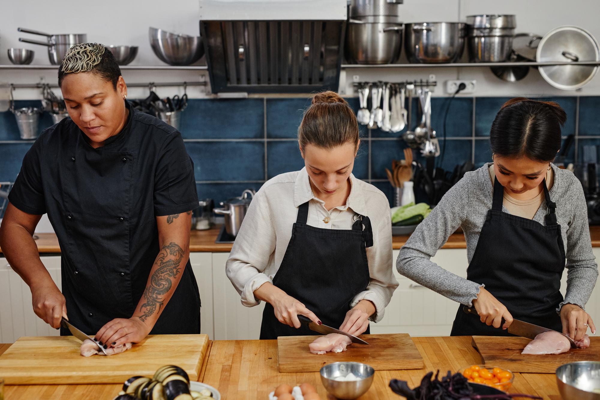 Beginner cooks prepping on countertops